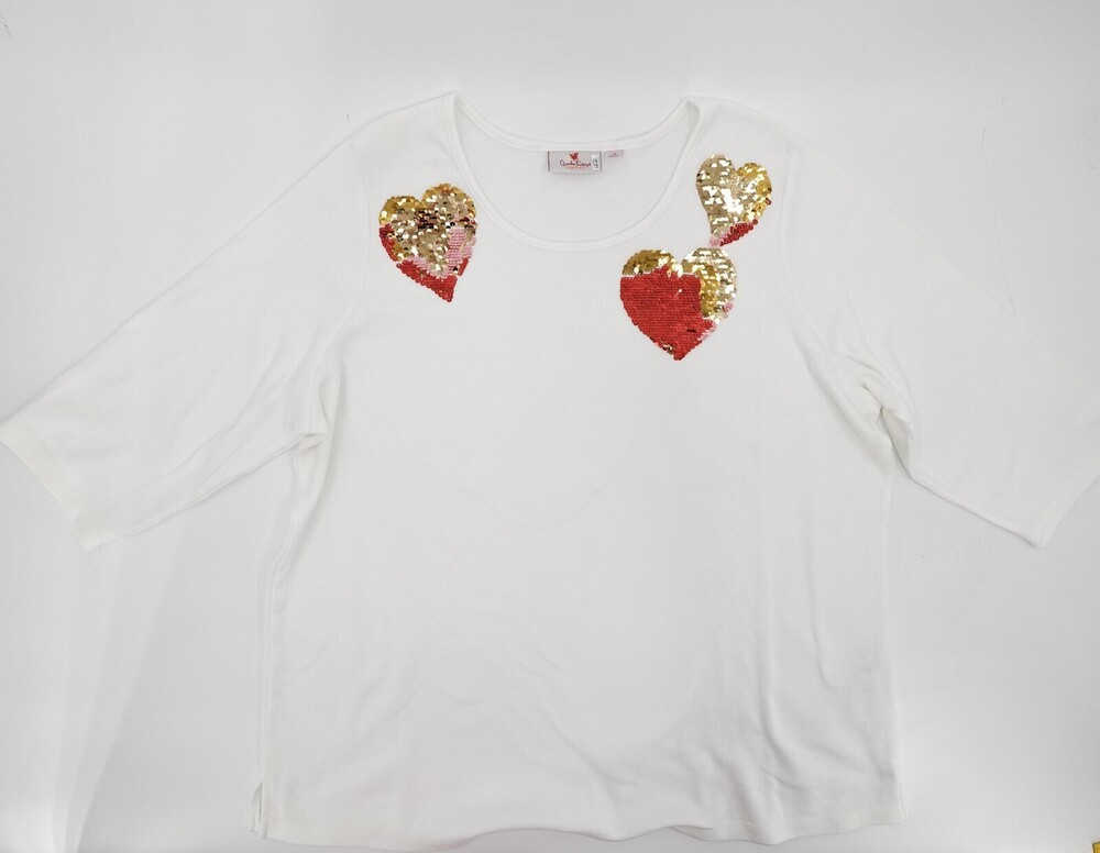 Quacker Factory Shirt Womens 1X White Reversible Sequin Hearts 3/4 Sleeve Top